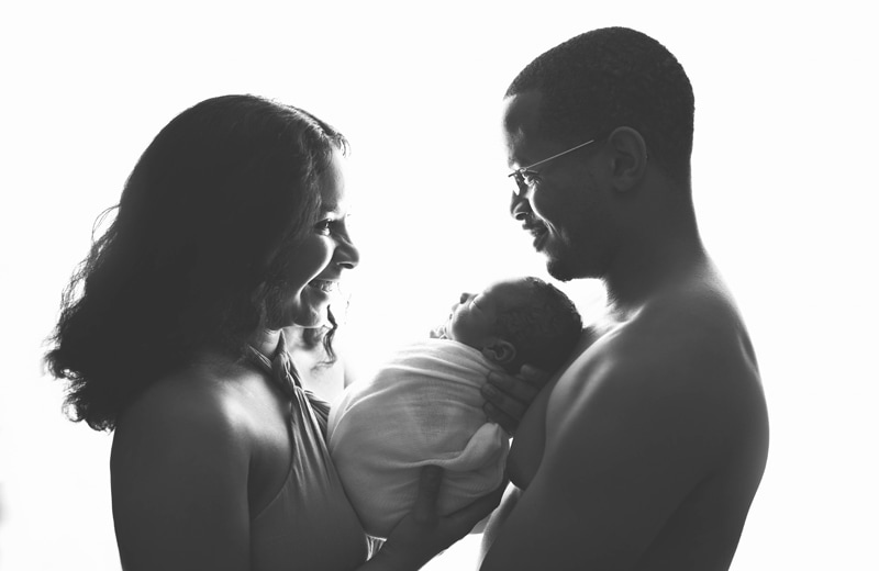Newborn Photography, mother and father with baby and background